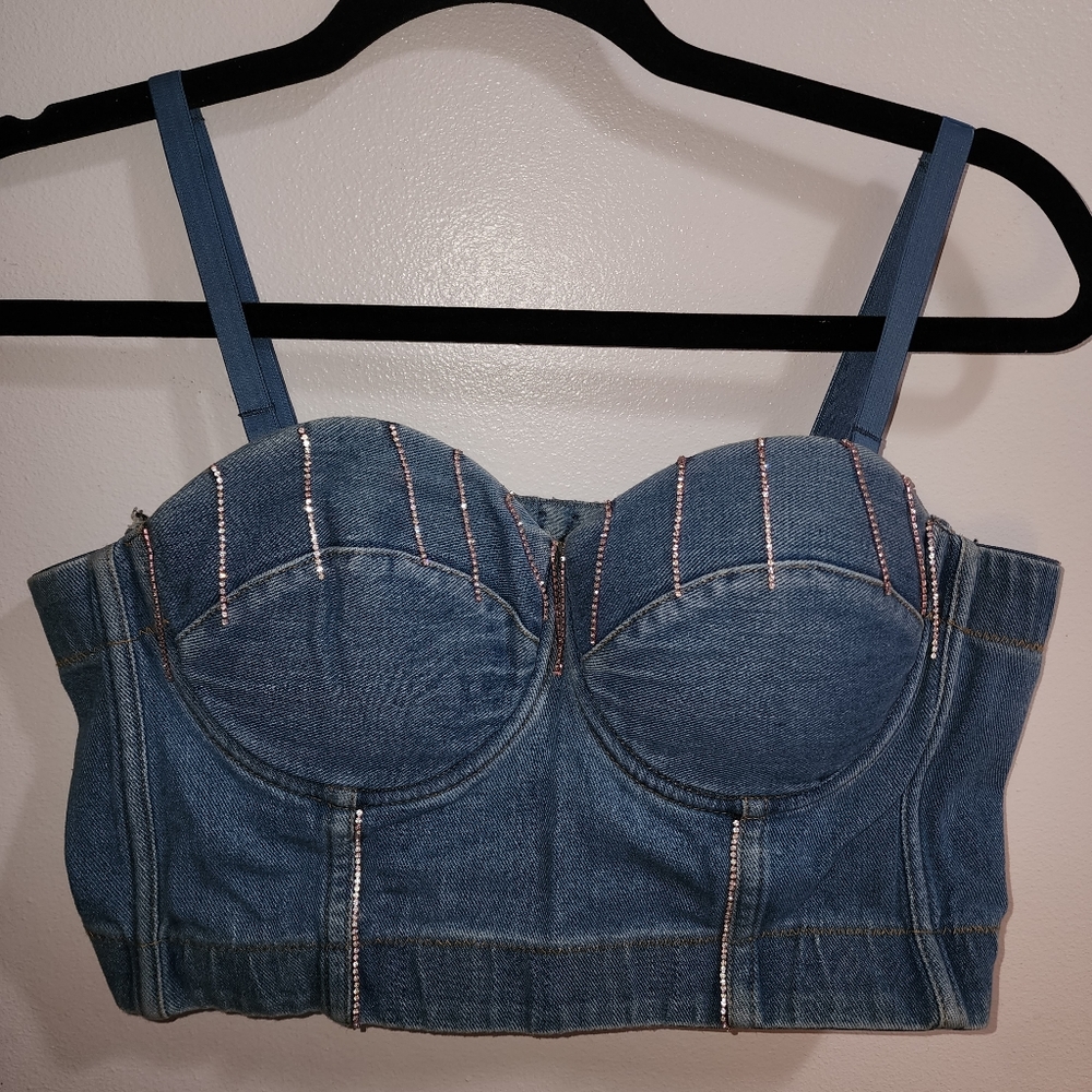 Denim Corset Top with Rhinestoned Fringe